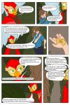  2:3 anthro avian beak bird chazster clothing comic duo english_text eyewear feathers female forest glasses green_eyes hair hi_res human light_realm light_realm:_artificial_island lisa_accardo_(light_realm) long_hair male mammal owl plant quill_agatha_(light_realm) red_body red_feathers speech_bubble text tree tunic uniform webcomic webcomic_character 