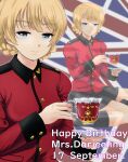  1girl black_footwear black_skirt blonde_hair blue_eyes boots braid character_name closed_mouth commentary cup darjeeling_(girls_und_panzer) dated english_text flag_background girls_und_panzer half-closed_eyes happy_birthday highres holding holding_cup holding_saucer jacket long_sleeves looking_at_viewer military_uniform miniskirt pleated_skirt red_jacket saucer short_hair sitting skirt smile solo st._gloriana&#039;s_military_uniform teacup twin_braids uniform union_jack yoyokkun zoom_layer 