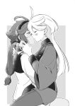  2girls ahoge asticassia_school_uniform blush closed_eyes commentary commission english_commentary greyscale gundam gundam_suisei_no_majo hairband hand_in_another&#039;s_hair kiss long_hair long_sleeves looking_at_another miorine_rembran monochrome multiple_girls pantyhose parted_lips ponytail school_uniform second-party_source shorts sitting sitting_on_lap sitting_on_person suletta_mercury tonton_(mathcaca24) yuri 