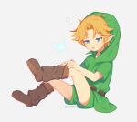 belt blonde_hair blue_eyes boots clothing duo elf fairy footwear hair hat headgear headwear humanoid humanoid_pointy_ears hylian light_body light_skin male navi nintendo not_furry ocarina_of_time shirt simple_background sitting the_legend_of_zelda topwear tunic wings wusagi2 young_link