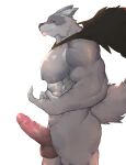  absurd_res anthro balls canid canine canis cape cape_only clothing death_(puss_in_boots) genitals hi_res looking_down male mammal mostly_nude muscular nipples penis red_sclera solo strawmush tail teeth vein veiny_penis wolf 