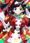  1girl anidler91 black_hair blue_eyes clenched_hand closed_mouth dress gloves hair_ornament highres long_sleeves looking_at_viewer mega_scizor official_alternate_costume pokemon pokemon_(creature) pokemon_masters_ex red_dress scarf scizor selene_(pokemon) selene_(special_costume)_(pokemon) short_hair smile two-tone_dress white_dress white_gloves 