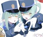  2girls :o black_coat black_hat blue_archive blush coat commentary_request gloves green_hair green_halo half-closed_eyes halo hat heart heart_hands heart_hands_duo hikari_(blue_archive) long_hair long_sleeves looking_at_viewer multiple_girls nozomi_(blue_archive) open_mouth peaked_cap pointy_ears rotroto simple_background smug v-shaped_eyebrows white_background white_gloves yellow_eyes 