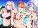  artist_request ass beret blue_hair breasts chef_hat choker green_eyes hands_up hat highres hololive hololive_english hololive_indonesia huge_ass large_breasts mori_calliope one_eye_closed orange_hair pavolia_reine pink_hair purple_eyes red_eyes sky swimsuit takanashi_kiara tiara water 
