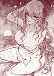  1girl bare_shoulders bb_(fate) bb_(fate/extra) blush breasts cleavage collarbone fate/grand_order fate_(series) greyscale hair_ribbon highres large_breasts long_hair looking_at_viewer m-da_s-tarou monochrome naked_towel nude pregnant red_ribbon ribbon sitting smile soaking_feet solo thighs tongue tongue_out towel water wet 