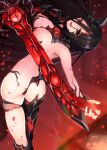  1girl ass black_hair breasts cursed_sword_(monster_girl_encyclopedia) energy eyes_visible_through_hair heterochromia holding holding_sword holding_weapon large_breasts long_hair looking_at_viewer looking_back monster_girl monster_girl_encyclopedia nipples red_eyes revealing_clothes solo sword unsheathed very_long_hair weapon whiteseasoning 