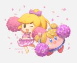 accessory alien blonde_hair bow_ribbon cheerleader clothed clothing crossdressing crossover duo elf footwear girly hair hair_accessory hair_bow hair_ribbon humanoid humanoid_pointy_ears hylian kirby kirby_(series) light_body light_skin long_hair looking_at_viewer male nintendo not_furry one_eye_closed open_mouth open_smile pom_poms ponytail ribbons signature simple_background smile the_legend_of_zelda toon_link waddling_head wind_waker wink wusagi2