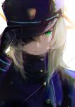  1girl adjusting_clothes adjusting_headwear black_gloves blonde_hair blue_archive blue_coat blue_hat closed_mouth coat commentary_request eyepatch gloves green_eyes hair_between_eyes hamaguri-san_(hamagur69200744) hat highres long_hair peaked_cap solo suou_(blue_archive) upper_body 