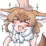  1girl animal_ears bare_shoulders blush bow brown_hair commentary dhole_(kemono_friends) disembodied_limb dog_ears dog_girl dog_tail extra_ears fang hand_on_another&#039;s_head headpat heart highres kemono_friends kemono_friends_3 multicolored_hair niboshi_(niboshi_aruku) open_mouth petting shirt short_hair sleeveless smile tail two-tone_hair white_hair 
