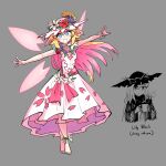 +_+ 1girl absurdres alternate_costume barefoot blonde_hair blue_eyes character_name dress floral_print floral_print_dress flower grey_background hat hat_flower highres kaibootsu lily_white long_hair looking_at_viewer open_mouth pink_wings sleeveless sleeveless_dress smile solo touhou white_dress wings 