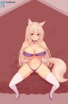  1girl :d absurdres animal_ear_fluff animal_ears areola_slip aseiusx ass_visible_through_thighs bare_shoulders bell bikini blue_eyes blush breast_hold breasts bridal_gauntlets cameltoe cat_ears cat_girl cat_o-ring cat_tail choker cleavage coconut_(nekopara) collarbone commentary commission covered_nipples curvy eyes_visible_through_hair fang foreshortening from_above full_body grabbing_own_breast grin hair_between_eyes heart heterochromia high_heels highres huge_breasts jingle_bell looking_at_viewer midriff navel neck_bell nekopara o-ring o-ring_bikini on_bed partially_visible_vulva paw_print purple_bikini purple_choker purple_footwear red_background shiny_skin sidelocks simple_background sitting skindentation slit_pupils smile solo spread_legs stomach swimsuit tail thighhighs thighs tsurime white_bridal_gauntlets white_thighhighs yellow_eyes 