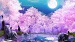  cherry_blossoms cloud dairoku_ryouhei falling_petals flower foliage forest full_moon highres lake moon moon_reflection nature night no_humans outdoors petals pink_flower reflection reflective_water rock scenery tree tsukasa_(ilqmplim) water 