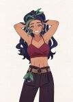  1girl abs aged_up armpits arms_behind_head bare_shoulders belt black_hair black_pants brown_belt brown_shirt collarbone commentary dark-skinned_female dark_skin earrings english_commentary freckles green_hair grin highres jewelry long_hair looking_at_viewer midriff multicolored_hair navel nemona_(pokemon) orange_eyes pants poke_ball pokemon pokemon_sv ponytail shirt simple_background sleeveless sleeveless_shirt smile solo stomach streaked_hair submashell two-tone_hair white_background 