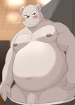 2024 ai_only_dream anthro balls bear belly big_belly blush clothing detailed_background ellipsis genitals hi_res humanoid_hands kemono locker_room male mammal moobs navel nipples overweight overweight_male penis polar_bear solo underwear ursine white_body