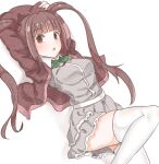  1girl aa211108 arm_over_head arms_up blunt_bangs blush bow bowtie breasts brown_hair brown_shirt collar collared_shirt dutch_angle frilled_skirt frills green_bow green_bowtie grey_shirt hair_tie idolmaster idolmaster_million_live! idolmaster_million_live!_theater_days large_breasts leg_up long_hair looking_at_viewer looking_to_the_side lying matsuda_arisa on_back open_clothes open_shirt parted_lips shirt sidelocks simple_background skirt solo thighhighs twintails very_long_hair white_background white_collar white_thighhighs zettai_ryouiki 