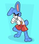 absurd_res anthro athletic_wear blue_background blue_body blue_fur bottomwear cheek_tuft clothing facial_tuft fighting_pose fur gym_bottomwear gym_shorts half-closed_eyes hi_res lagomorph leporid male mammal multicolored_body multicolored_fur narrowed_eyes pose rabbit shorts simple_background solo tuft two_tone_body two_tone_fur white_body white_fur wristband xing1