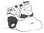 anthro avian bag beak belly big_belly big_breasts big_butt bird boot_(artist) breasts butt carrie_(qweave) clothed clothing dialogue digital_media_(artwork) duo english_text feathers feet female hair huge_belly huge_breasts monochrome morbidly_obese navel obese obese_anthro obese_female overweight overweight_anthro overweight_female simple_background smile solo tail text thick_thighs tight_fit topwear wide_hips
