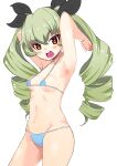  1girl anchovy_(girls_und_panzer) armpits arms_behind_head arms_up bikini black_ribbon blue_bikini breasts commentary cowboy_shot drill_hair girls_und_panzer green_hair groin hair_ribbon halterneck long_hair looking_at_viewer micro_bikini monomono navel open_mouth red_eyes ribbon simple_background small_breasts smile solo standing swimsuit twin_drills twintails white_background 
