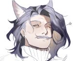  1boy animal_ears arknights cat_ears character_request cheekbones ear_piercing looking_at_viewer male_focus mature_male mobrinono one_eye_closed piercing portrait purple_hair smile solo thick_mustache tsurime unfinished wink_star wrinkled_skin yellow_eyes 