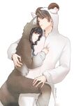  1boy 1girl animal_costume black_hair blush brown_hair carrot_(robosquat) closed_eyes commentary_request couple hand_on_another&#039;s_chest hetero highres long_hair original parted_lips sheep_costume sleeping wolf_costume 
