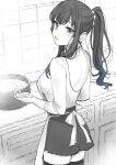  1girl apron back blue_eyes blush carrot_(robosquat) cooking earrings highres indoors jewelry long_hair looking_at_viewer looking_back miniskirt monochrome open_mouth original ponytail shirt skirt solo spot_color stud_earrings thighhighs zettai_ryouiki 