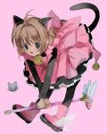  1girl animal_ears bell boots brown_hair cardcaptor_sakura cat_ears cat_tail child green_eyes hano_luno highres kinomoto_sakura magical_girl neck_bell open_mouth pantyhose pink_background pink_footwear simple_background solo tail 
