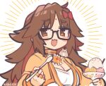  1girl bangs bindi black-framed_eyewear blush bow breasts brown_eyes brown_hair cleavage commentary_request fate/extra fate/extra_ccc fate/grand_order fate_(series) food ganesha_(fate) glasses hair_bow holding holding_spoon ice_cream jewelry jinako_carigiri large_breasts long_hair looking_at_viewer open_mouth ring solo spoon sprinkles very_long_hair white_background yuzuki_gao 