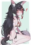  ! 1girl animal_collar animal_ear_fluff animal_ears barefoot bikini black_hair blush border breasts butt_crack cleavage collar commentary from_side front-tie_bikini_top front-tie_top hair_between_eyes hair_ornament hairclip hashtag-only_commentary high_ponytail highres hololive large_breasts leaf_print long_hair maple_leaf_print mofumin multicolored_hair official_alternate_costume official_alternate_hairstyle ookami_mio ookami_mio_(hololive_summer_2019) orange_eyes parted_lips print_bikini red_hair side-tie_bikini_bottom sidelocks simple_background sitting solo streaked_hair swimsuit tail very_long_hair virtual_youtuber wariza white_bikini white_border wide_ponytail wolf_ears wolf_girl wolf_tail 