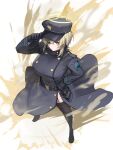  1girl adjusting_clothes adjusting_headwear belt black_gloves black_hat blonde_hair blue_archive breasts coat covered_navel eyepatch garter_straps gloves green_eyes hair_between_eyes halo hat highres holster large_breasts long_sleeves peaked_cap solo suou_(blue_archive) takeclaire thighhighs wind 