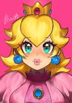  1girl absurdres aqua_eyes blonde_hair character_name commentary_request crown dancho_no_mori earrings eyelashes highres jewelry long_hair looking_at_viewer mario_(series) parted_lips pink_background pink_lips princess_peach simple_background solo sphere_earrings upper_body 