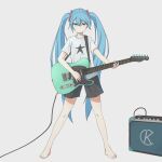  1girl amplifier barefoot blue_eyes blue_hair cable full_body guitar hatsune_miku highres holding holding_guitar holding_instrument instrument keika_(otsukare) long_hair looking_at_viewer shirt short_sleeves shorts smile solo star_(symbol) star_print t-shirt twintails vocaloid 