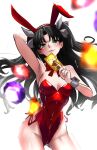  absurdres animal_ears arm_up black_hair breasts card fate/stay_night fate_(series) feet_out_of_frame fukou green_eyes highres holding holding_card long_hair playboy_bunny rabbit_ears red_ribbon ribbon simple_background sleeveless small_breasts tohsaka_rin twintails white_background 