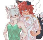  2girls ? ?? animal_ears bare_arms blue_eyes blush camisole cat_ears cat_girl cat_tail commentary dog_ears dog_girl dog_tail fang green_camisole grey_eyes gundam gundam_suisei_no_majo highres kemonomimi_mode long_hair miorine_rembran multiple_girls open_mouth red_hair selayiss shirt short_sleeves simple_background strap_slip suletta_mercury sweat tail tail_on_face upper_body white_background white_hair white_shirt yuri 