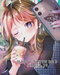  1girl ahoge birthday blue_eyes blue_nails blurry blurry_background blush brown_hair cellphone checkered_clothes coffee coffee_cup commentary_request cup dated disposable_cup drink drinking drinking_straw drinking_straw_in_mouth earrings english_text eyelashes green_nails grey_sweater happy_birthday head_tilt high_collar highres holding holding_cup holding_phone hoop_earrings idolmaster idolmaster_million_live! jewelry kori_(spinsongs) long_hair long_sleeves medium_bangs nail_polish off_shoulder phone selfie single_off_shoulder smartphone solo sparkle sparkling_eyes straight_hair sweater swept_bangs tokoro_megumi turtleneck turtleneck_sweater upper_body 