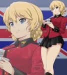  1girl absurdres black_footwear black_skirt blonde_hair blue_eyes boots braid closed_mouth commentary_request cup darjeeling_(girls_und_panzer) flag_background girls_und_panzer highres holding holding_cup holding_saucer jacket knee_boots long_sleeves looking_to_the_side military_uniform miniskirt partial_commentary pleated_skirt red_jacket saucer short_hair skirt smile solo st._gloriana&#039;s_military_uniform standing teacup twin_braids uniform union_jack yoyokkun zoom_layer 