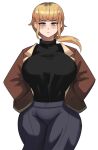  1girl black_shirt blonde_hair blue_skirt blush bomber_jacket breasts brown_jacket cowboy_shot fear_&amp;_hunger fear_&amp;_hunger_2:_termina hands_in_pockets highres huge_breasts jacket karin_(fear_&amp;_hunger) looking_at_viewer ponytail shirt simple_background skirt solo standing turtleneck white_background yellow_eyes ytrall 