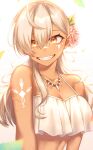  1girl ahoge arm_tattoo bikini bikini_top_only blonde_hair facial_mark fangs flower grin hair_flower hair_ornament highres jewelry looking_at_viewer luu3 necklace orange_eyes original smile solo swimsuit tan tattoo tooth_necklace upper_body 