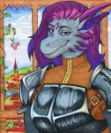  anthro armor clothing dragon female hair hi_res horn looking_at_viewer mordorinka plant purple_eyes purple_hair scalie smile solo 