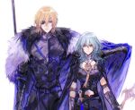  1boy 1girl absurdres arm_up armor belt black_armor black_cape black_gloves black_pants blonde_hair blue_cape blue_eyes byleth_(female)_(fire_emblem) byleth_(fire_emblem) cape cape_lift cuirass dagger detached_collar dimitri_alexandre_blaiddyd expressionless eyepatch fire_emblem fire_emblem:_three_houses full_armor fur-trimmed_cape fur_trim gloves green_hair grey_eyes hair_over_shoulder height_difference high_collar highres holding holding_polearm holding_weapon knife long_hair looking_at_another looking_down naoki_(2rzmcaizerails6) pants polearm short_hair simple_background standing upper_body vambraces weapon white_background 