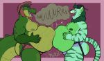 alligator alligatorid anthro anthro_pred belly big_belly bodily_noises burping cedarott clothing croc crocodile crocodilian crocodylid dialogue digestion digital_media_(artwork) duo english_text felid gator_(streamer) green_body hair hi_res hybrid invader_(invaderthegator) invaderthegator jockstrap lion lizard male male/male mammal muscular noises onomatopoeia open_mouth oral_vore organs pantherine pecs reptile rumbling_stomach scalie simple_background size_difference smile sound_effects squirming stomach tail teeth text tiger underwear vore