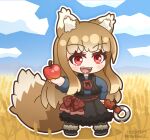  1girl 2023 :d animal_ear_fluff animal_ears apple black_skirt black_vest blue_shirt blunt_bangs blush_stickers bow brown_hair chibi colored_eyelashes commentary_request dated day food fruit fur-trimmed_skirt fur-trimmed_vest fur_trim hand_on_own_hip hand_up happy holding holding_food holding_fruit holo long_hair long_sleeves looking_at_viewer native open_clothes open_mouth open_vest outdoors red_apple red_bow red_eyes shirt sidelocks skirt smile solo spice_and_wolf standing tail twitter_username vest wheat_field wolf_ears wolf_girl wolf_tail 