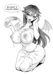  1girl artist_name brassica breasts censored cum cum_in_mouth cum_on_body cum_on_breasts cum_on_legs demon_wings disembodied_penis ejaculation english_text eyelashes greyscale highres itadaki!_seieki! large_breasts long_hair monochrome mosaic_censoring navel nipples open_mouth panties penis pointy_ears setogaya_mari shadow speech_bubble striped_clothes striped_panties testicle_grab tongue torn_clothes torn_panties underwear wings 