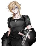  1boy aventurine_(honkai:_star_rail) black_shirt blonde_hair closed_mouth cowboy_shot dog_tags gun hair_between_eyes handgun highres holding holding_gun holding_weapon honkai:_star_rail honkai_(series) jewelry looking_at_viewer male_focus multicolored_eyes necklace official_alternate_costume oryunbunkosu shirt short_hair simple_background smile solo t-shirt two-tone_eyes weapon white_background 