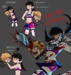  1boy 1girl absurdres bare_shoulders belt black_hair blood blood_on_body brown_eyes chainsaw chainsaw_man cheerleader cosplay crop_top cropped_legs denji_(chainsaw_man) excited highres holding holding_chainsaw juliet_starling juliet_starling_(cosplay) lollipop_chainsaw low_twintails miniskirt mitaka_asa nervous nick_carlyle nick_carlyle_(cosplay) pleated_skirt red_belt ringed_eyes severed_head short_shorts shorts shorts_under_skirt simple_background skirt spinatch standing thighhighs twintails watch wristwatch 