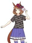  1girl animal_ears artist_name black_shirt boater_hat brown_eyes brown_hair clothes_writing cowboy_shot dated ears_through_headwear highres horse_ears horse_girl horse_tail kawashina_(momen_silicon) looking_at_viewer north_flight_(umamusume) pleated_skirt purple_skirt purple_thighhighs school_uniform shirt simple_background skirt smile solo t-shirt tail thighhighs tilted_headwear tracen_school_uniform umamusume white_background 
