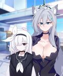  2girls ahoge animal_ear_fluff animal_ears black_choker black_coat black_dress black_eyes black_serafuku blue_archive blue_eyes blunt_bangs blurry braid breasts choker cleavage coat collarbone colored_inner_hair commentary_request cross_hair_ornament depth_of_field dress extra_ears game_screenshot_background grey_hair hair_between_eyes hair_ornament hair_over_one_eye hairband halo height_difference highres indoors large_breasts long_bangs long_hair long_sleeves looking_at_viewer mismatched_pupils multicolored_hair multiple_girls open_clothes open_coat plana_(blue_archive) school_uniform serafuku shiroko_(blue_archive) shiroko_terror_(blue_archive) sidelocks single_braid skyrain315 sweatdrop two-tone_hair v_arms white_hair wolf_ears wolf_girl 