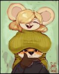 anthro big_breasts big_ears boob_hat breasts buckteeth canid canine clothed clothing duo eyes_closed female female/female fox front_view fully_clothed fur hi_res huge_breasts interspecies lucy_(sniffsnorf) maisie_(sniffsnorf) mammal mouse murid murine rodent smile sniffsnorf sweater teeth thinking_pose topwear turtleneck white_body white_fur