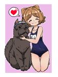  1girl :3 border brown_hair closed_eyes commentary dog girls_und_panzer hair_ears hair_ornament heart old_school_swimsuit petting school_swimsuit short_hair sitting spoken_heart swimsuit takahashi_kurage waterzooi white_border yuuko_(girls_und_panzer) 