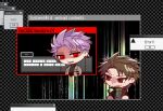  2boys b1ue_e4rth black_gloves black_jacket black_sweater brown_hair chibi commentary_request error_message gloves green_scarf grey_jacket harada_minoru jacket korean_commentary male_focus multiple_boys open_clothes open_jacket open_mouth purple_hair red_eyes ribbed_sweater saibou_shinkyoku scar scar_on_face scar_on_forehead scarf shaded_face short_hair smile sweater theodore_riddle turtleneck turtleneck_sweater 