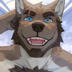  1:1 absurd_res anthro beard blue_eyes brown_beard brown_body brown_fur brown_nose bust_portrait canid cheek_tuft chest_tuft corzh77 ear_piercing ear_ring eye_scar facial_hair facial_scar facial_tuft fangs front_view fur glistening glistening_eyes hand_behind_head head_tuft hi_res looking_at_viewer male mammal multicolored_eyes open_mouth open_smile orange_eyes piercing portrait red_tongue ring_piercing scar smile solo teeth tongue tuft two_tone_eyes unsigned white_body white_fur 